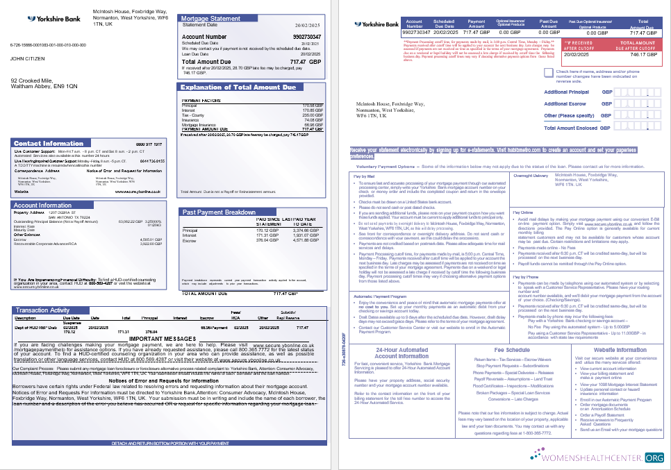 United Kingdom Yorkshire Bank mortgage statement in Word and PDF formats, 3 pages 1 2